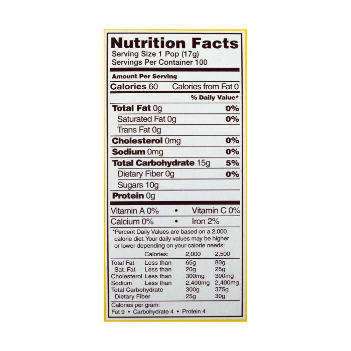 Nutrition facts of a tootsie pop