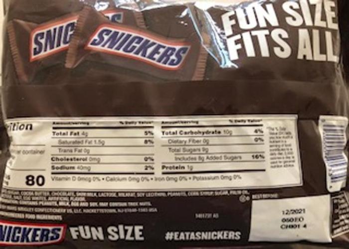 Nutrition facts for fun size snickers