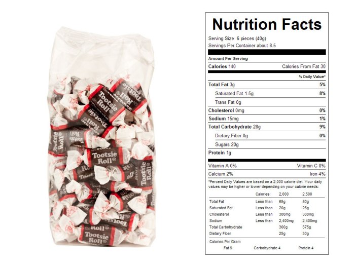 Tootsie nutrition prepackaged